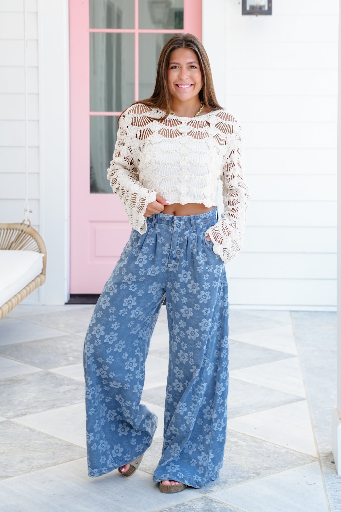 POL Crochet Long Sleeve Crop Top