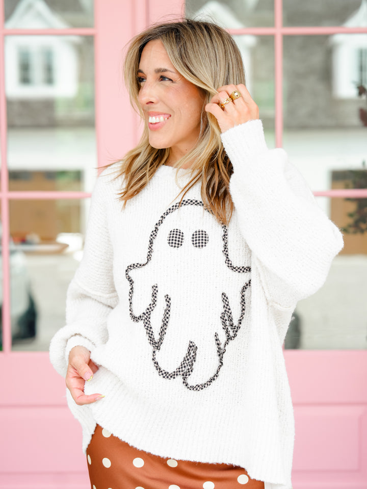 Gingham Embroidered Ghost Soft Sweater