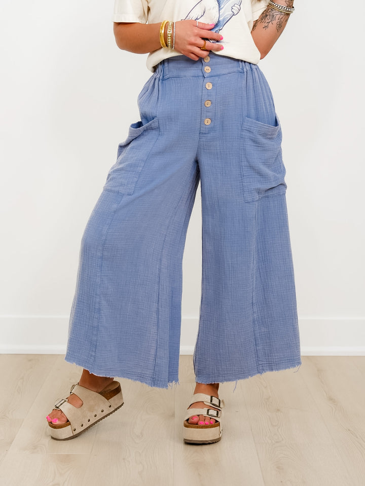 Plus/Reg Blue Gauze Elastic Waist Button Fly Wide Leg Pants
