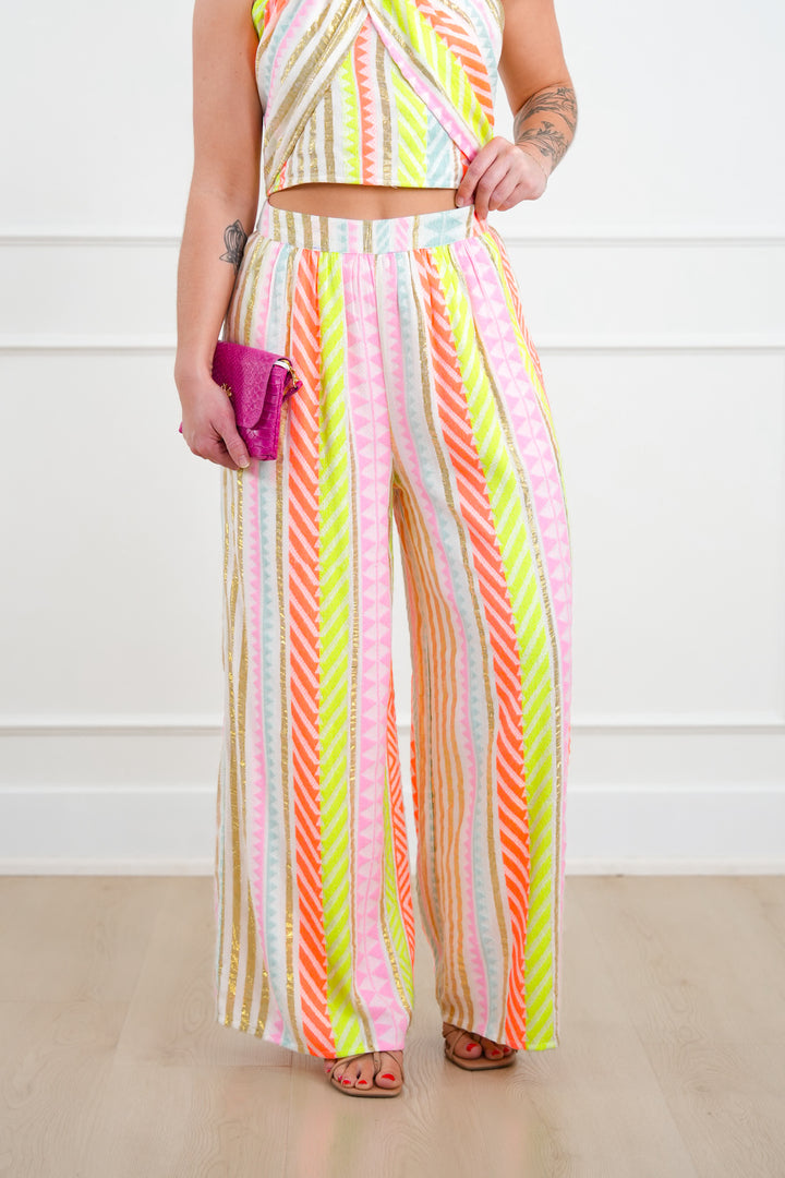Geometric Stripe Elastic Waist Wide Leg Pants