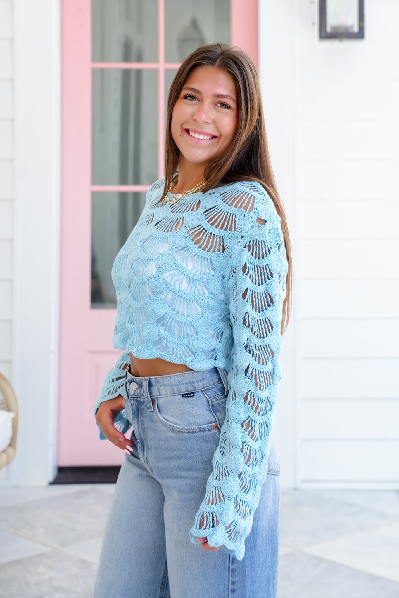 POL Crochet Long Sleeve Crop Top