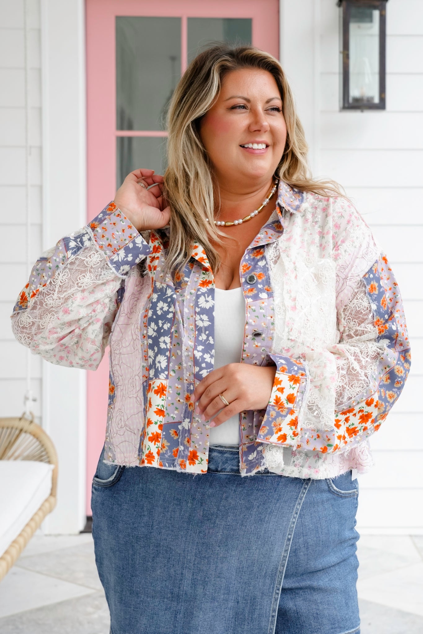 POL Long Sleeve Button Up Top with Floral Patchwork Detail