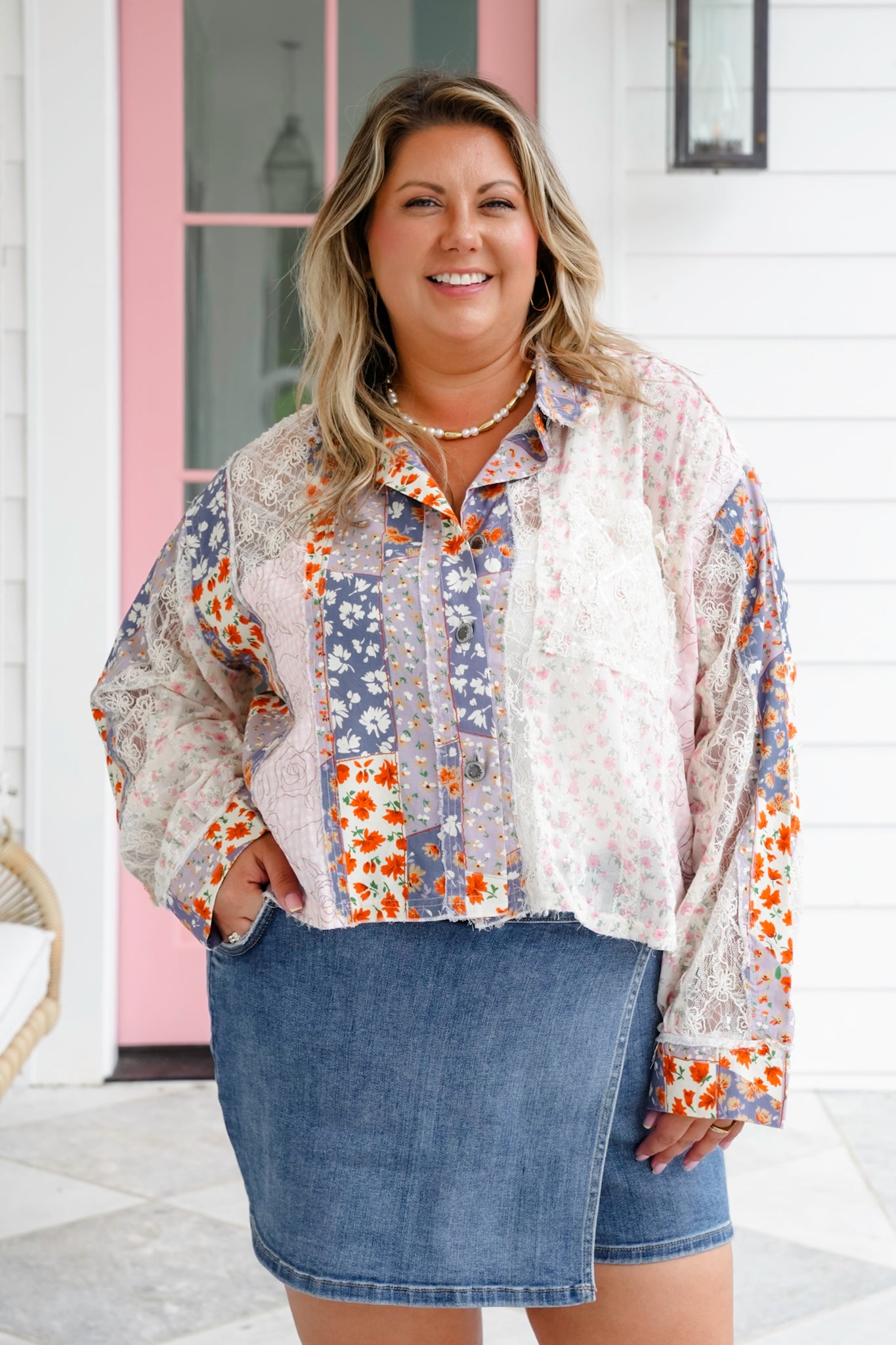 POL Long Sleeve Button Up Top with Floral Patchwork Detail