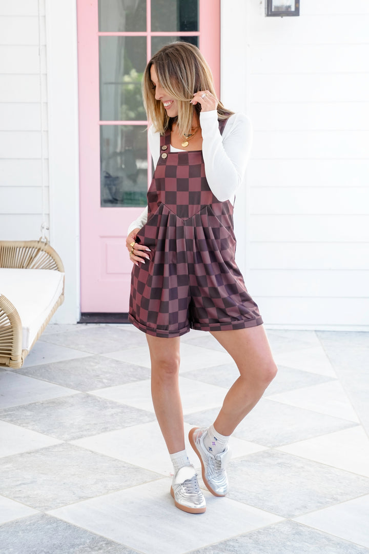 Plus/Reg Chocolate Checkered Pleated Front Overall Shorts