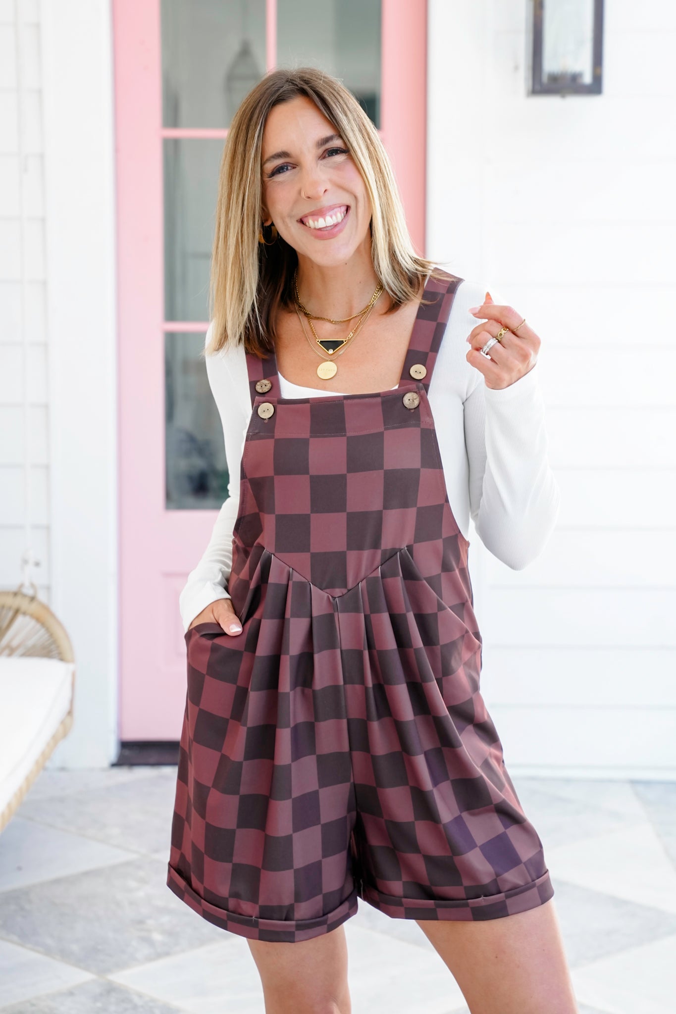 Plus/Reg Chocolate Checkered Pleated Front Overall Shorts