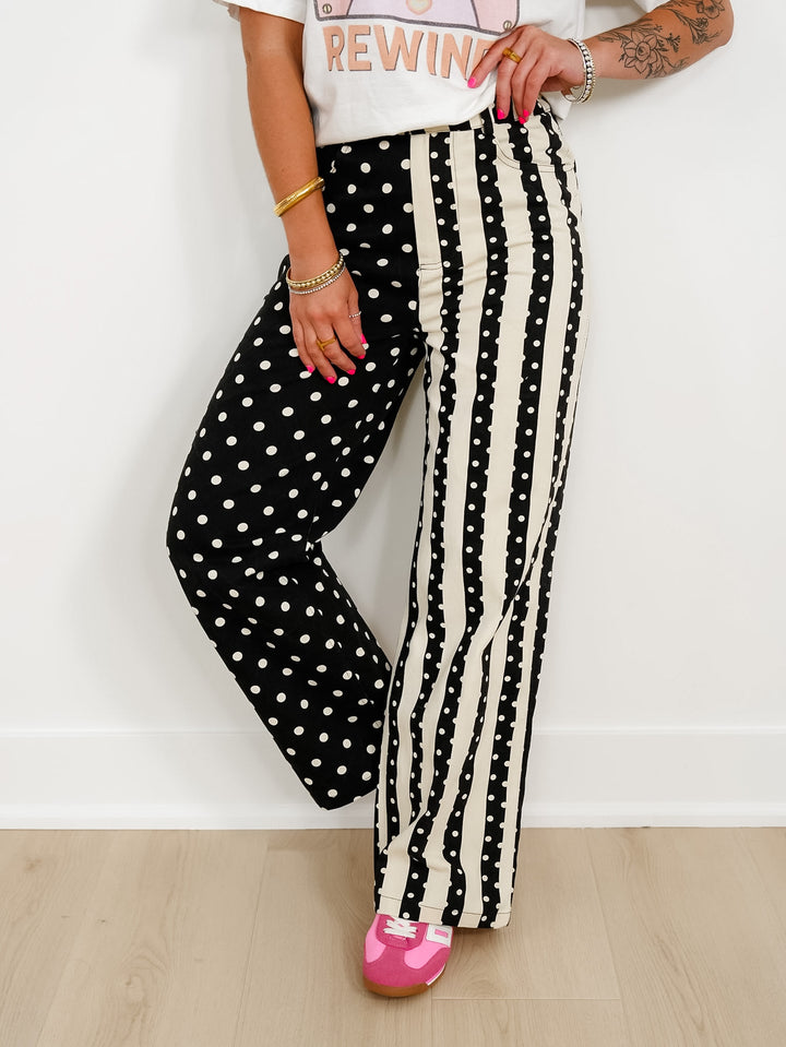 Plus/Reg Polka Dot and Stripe Wide Leg Elastic Waist Pants