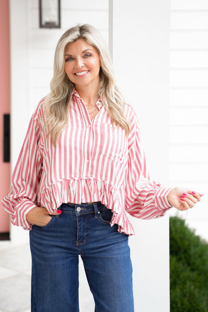 Stripe Long Sleeve Button Down Top with Ruffle Detail