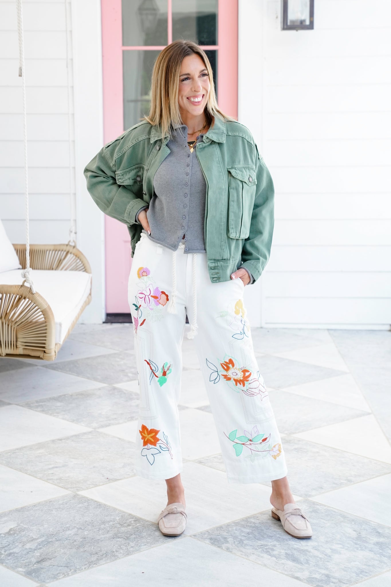 Floral Embroidered Elastic Back Pants with Rope Belt