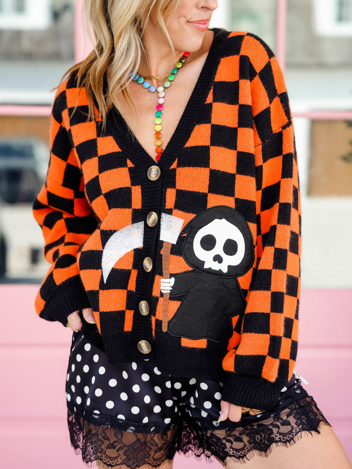 Checkered Long Sleeve Button Down Cardigan with Grim Reaper Patch - Freckled Poppy