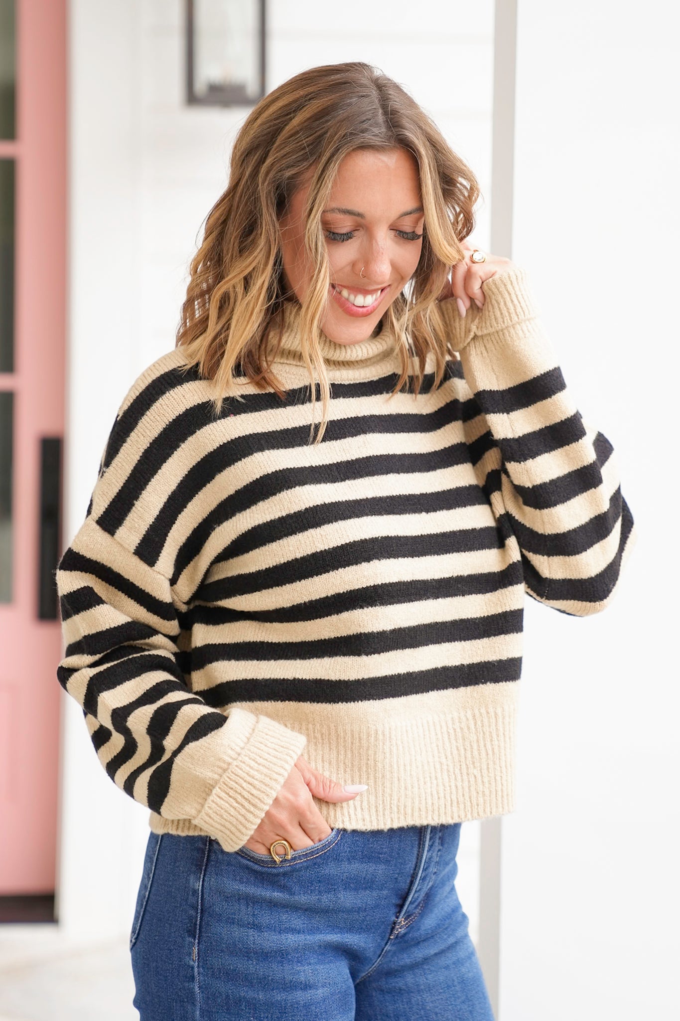 Stripe Long Sleeve Turtleneck Pullover Sweater