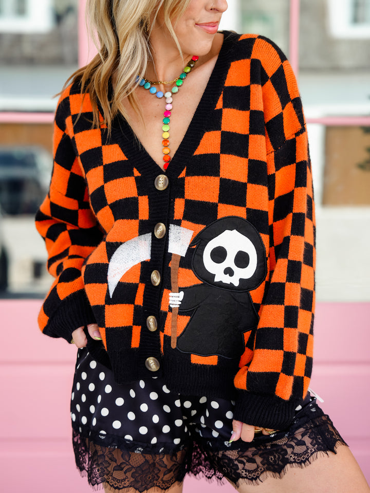 Checkered Long Sleeve Button Down Cardigan with Grim Reaper Patch