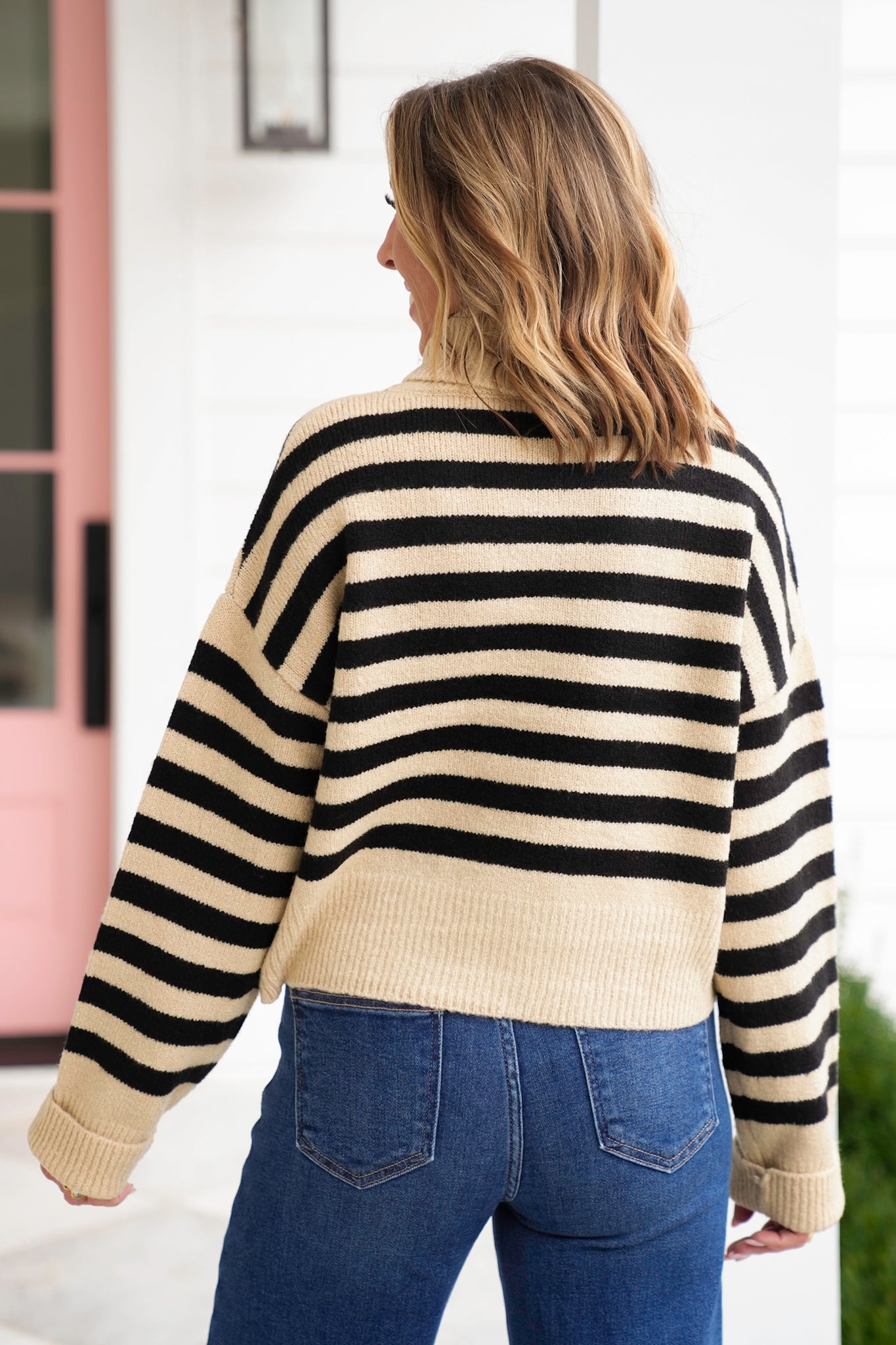 Stripe Long Sleeve Turtleneck Pullover Sweater