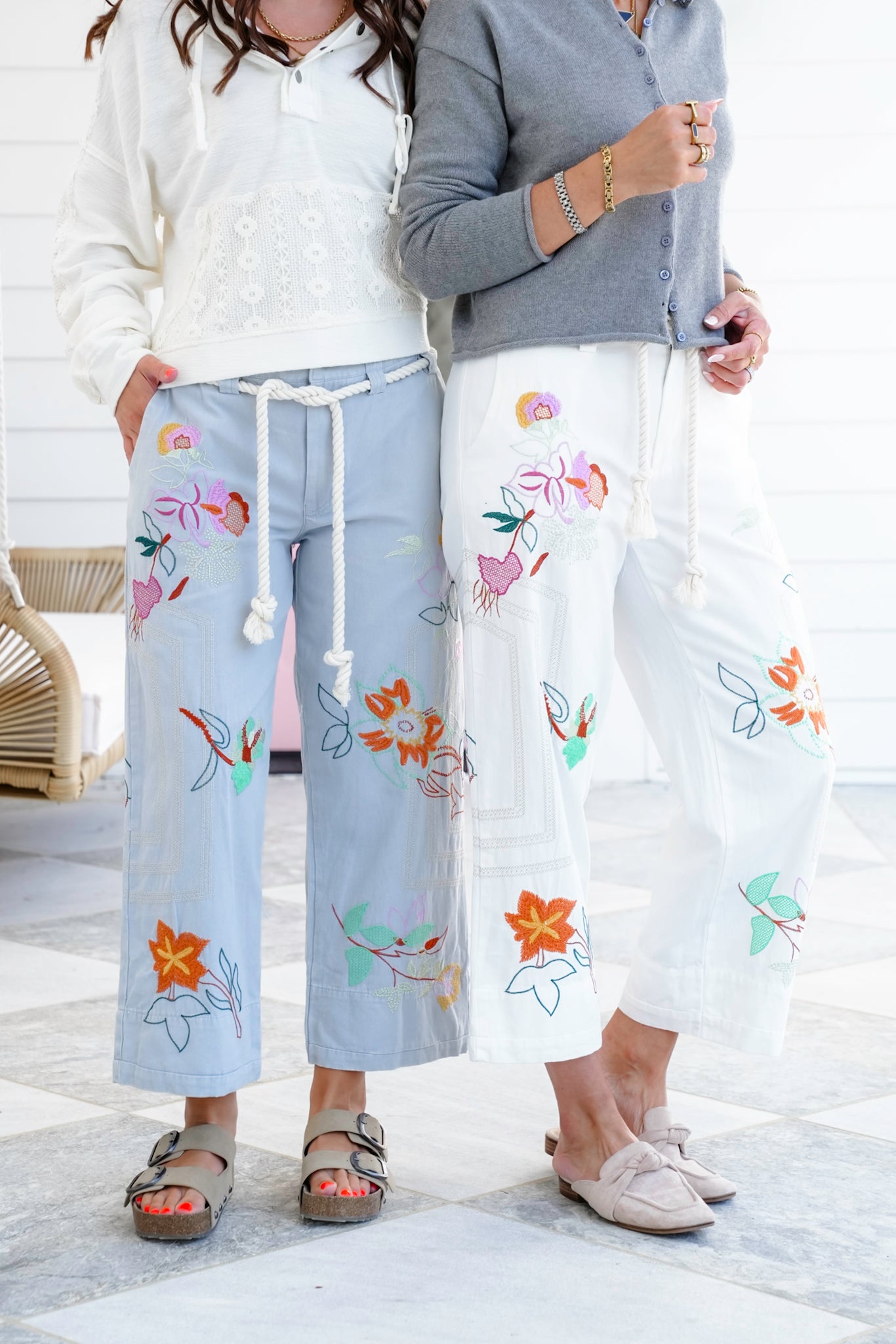 Floral Embroidered Elastic Back Pants with Rope Belt