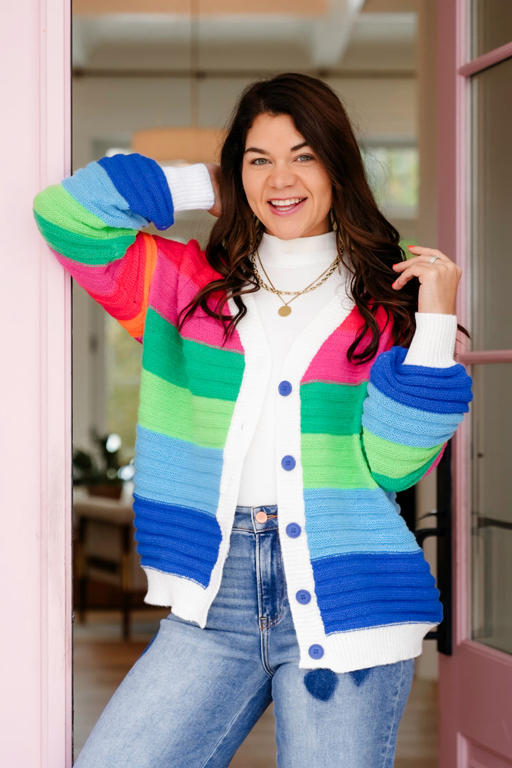 Plus/Reg Rainbow Stripe Long Sleeve Button Down Cardigan