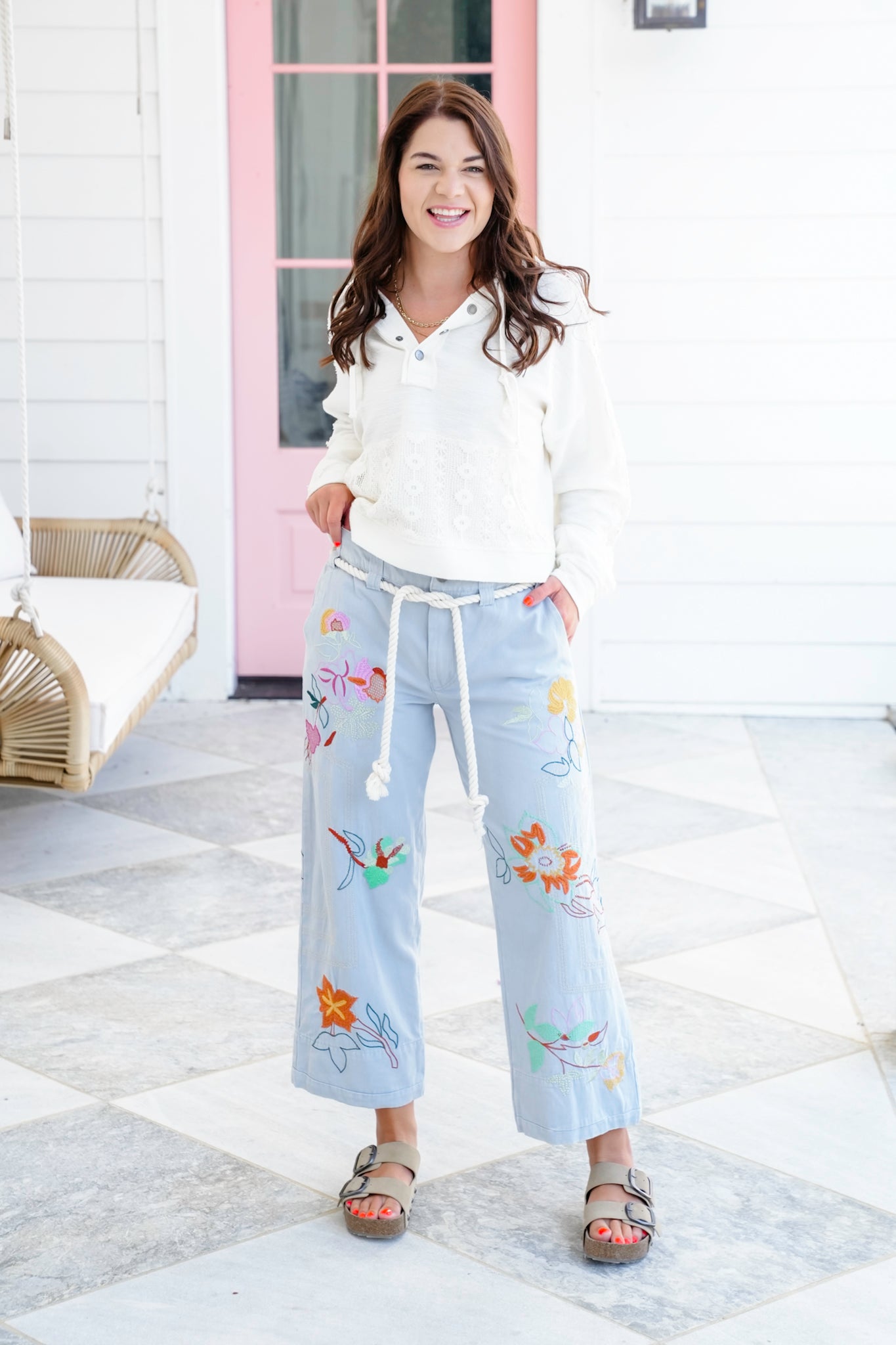 Floral Embroidered Elastic Back Pants with Rope Belt