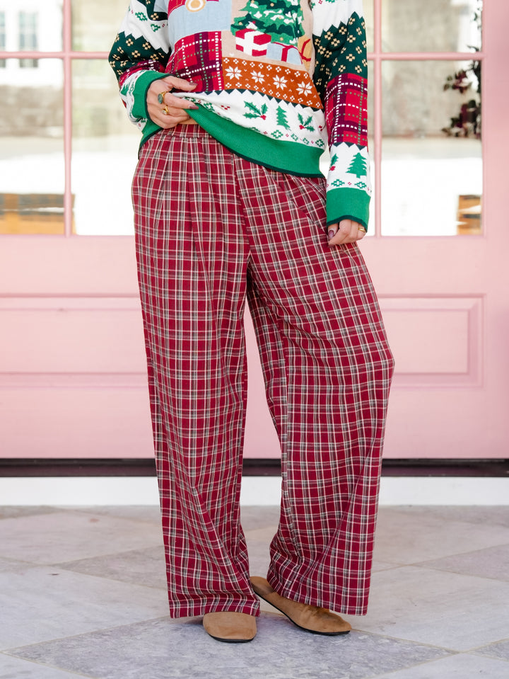 Plaid Elastic Waist Pants with Side Pockets - Freckled Poppy