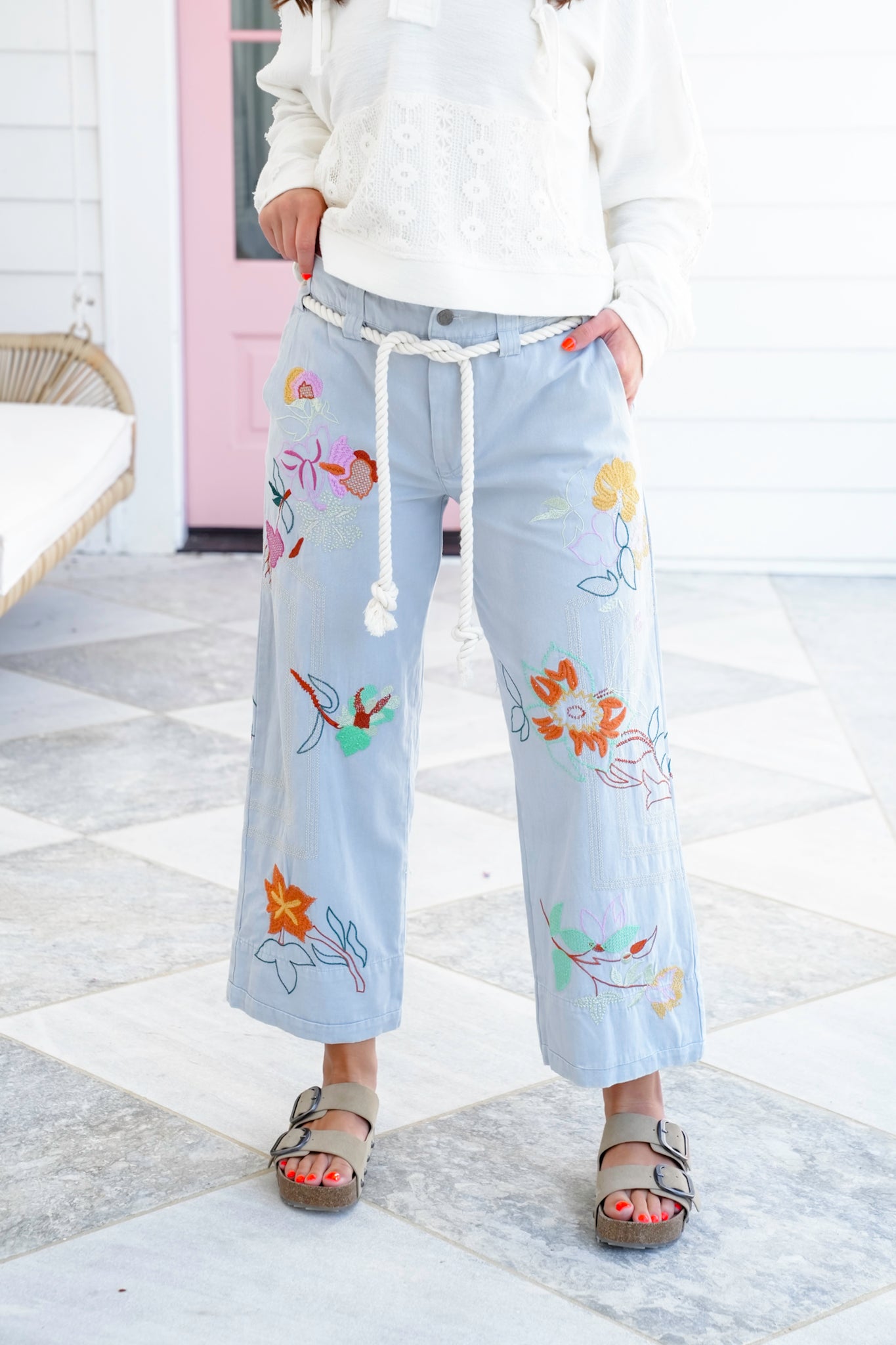 Floral Embroidered Elastic Back Pants with Rope Belt