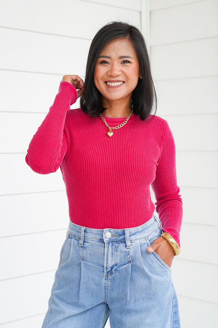 Mineral Wash Long Sleeve Waffle Knit Top