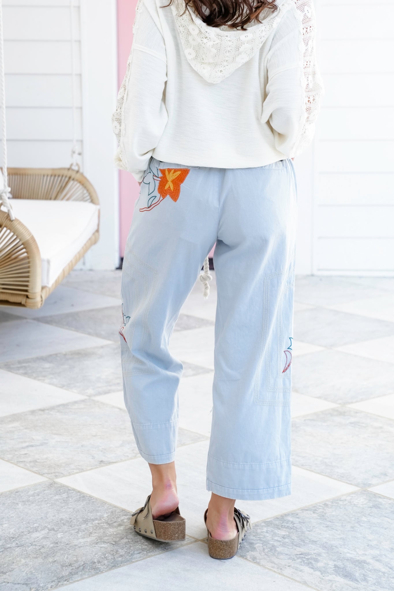 Floral Embroidered Elastic Back Pants with Rope Belt