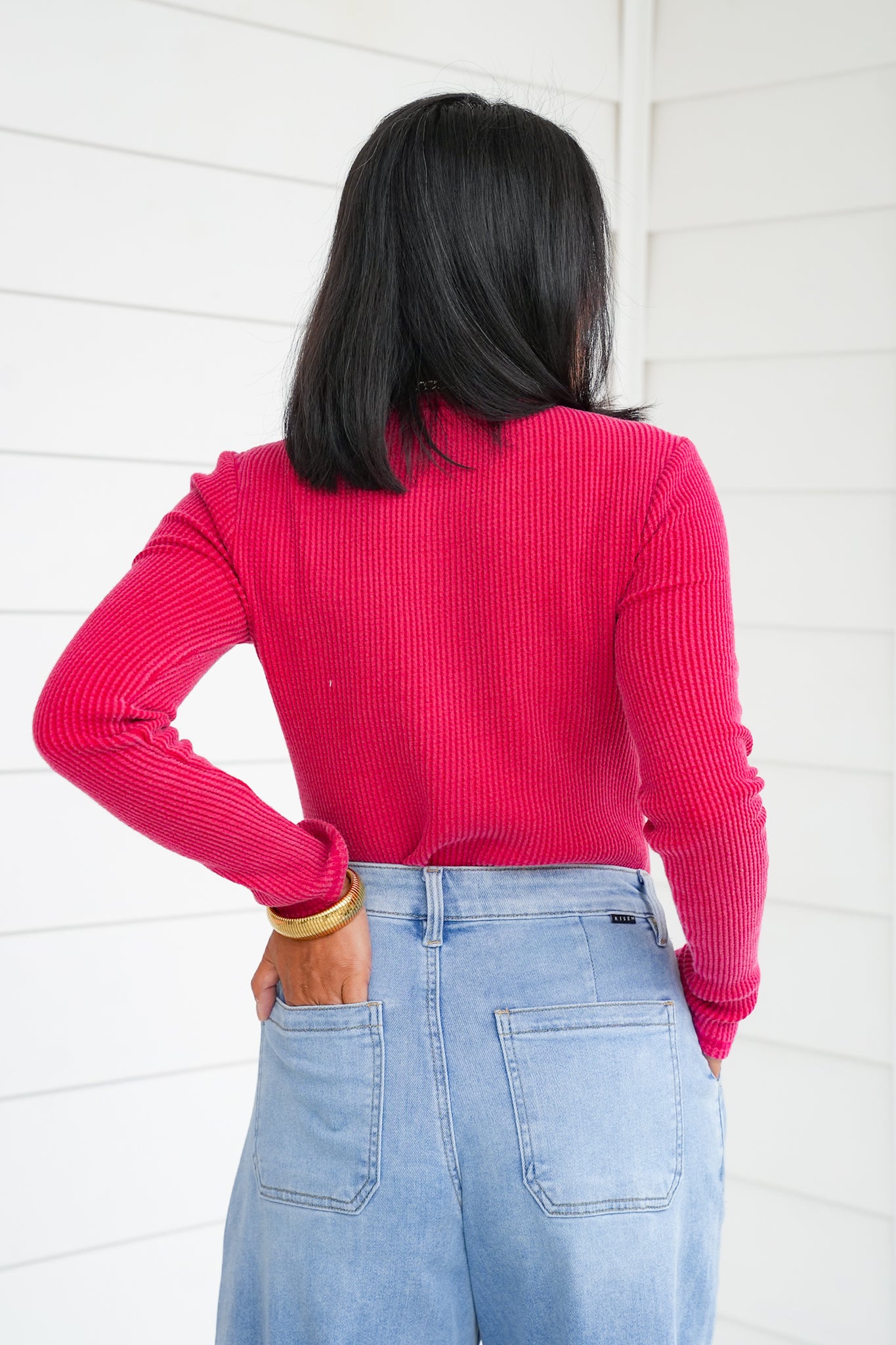 Mineral Wash Long Sleeve Waffle Knit Top