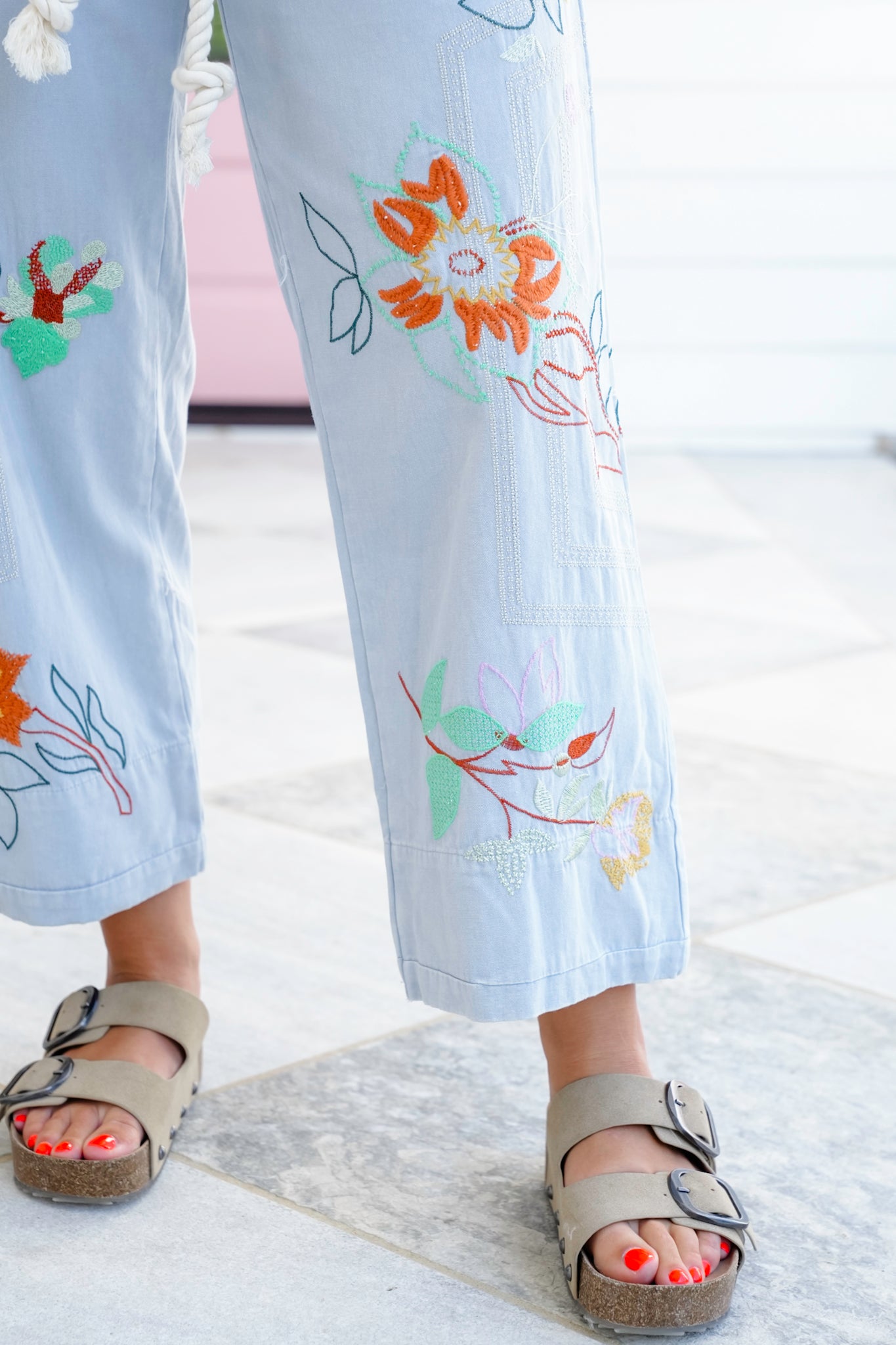 Floral Embroidered Elastic Back Pants with Rope Belt