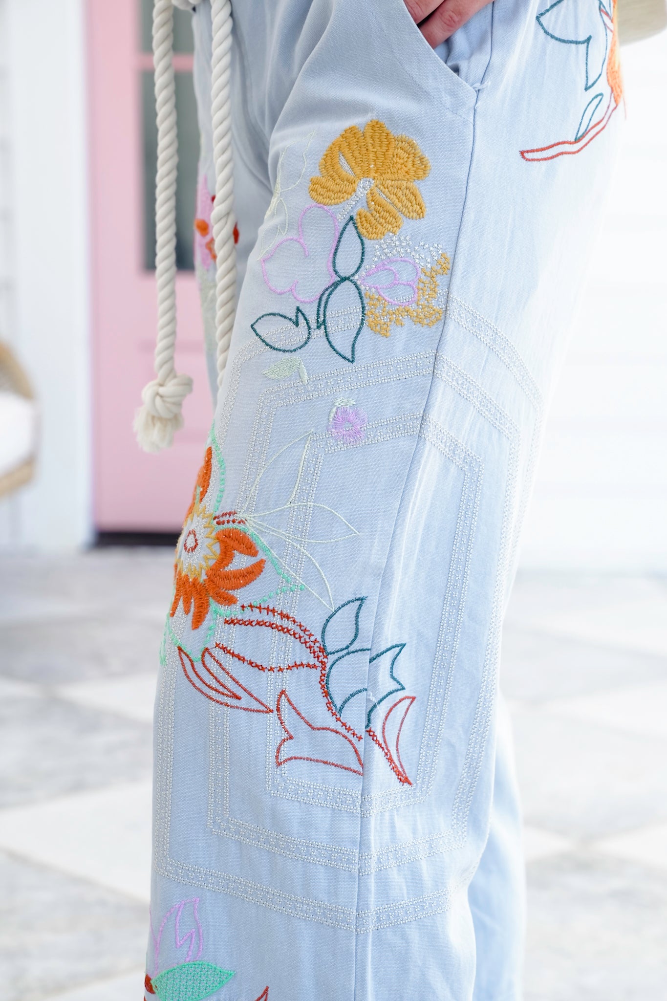 Floral Embroidered Elastic Back Pants with Rope Belt