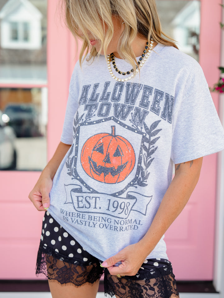 Plus/Reg Short Sleeve Rhinestone Studded "Halloween Town" Graphic Tee - Freckled Poppy