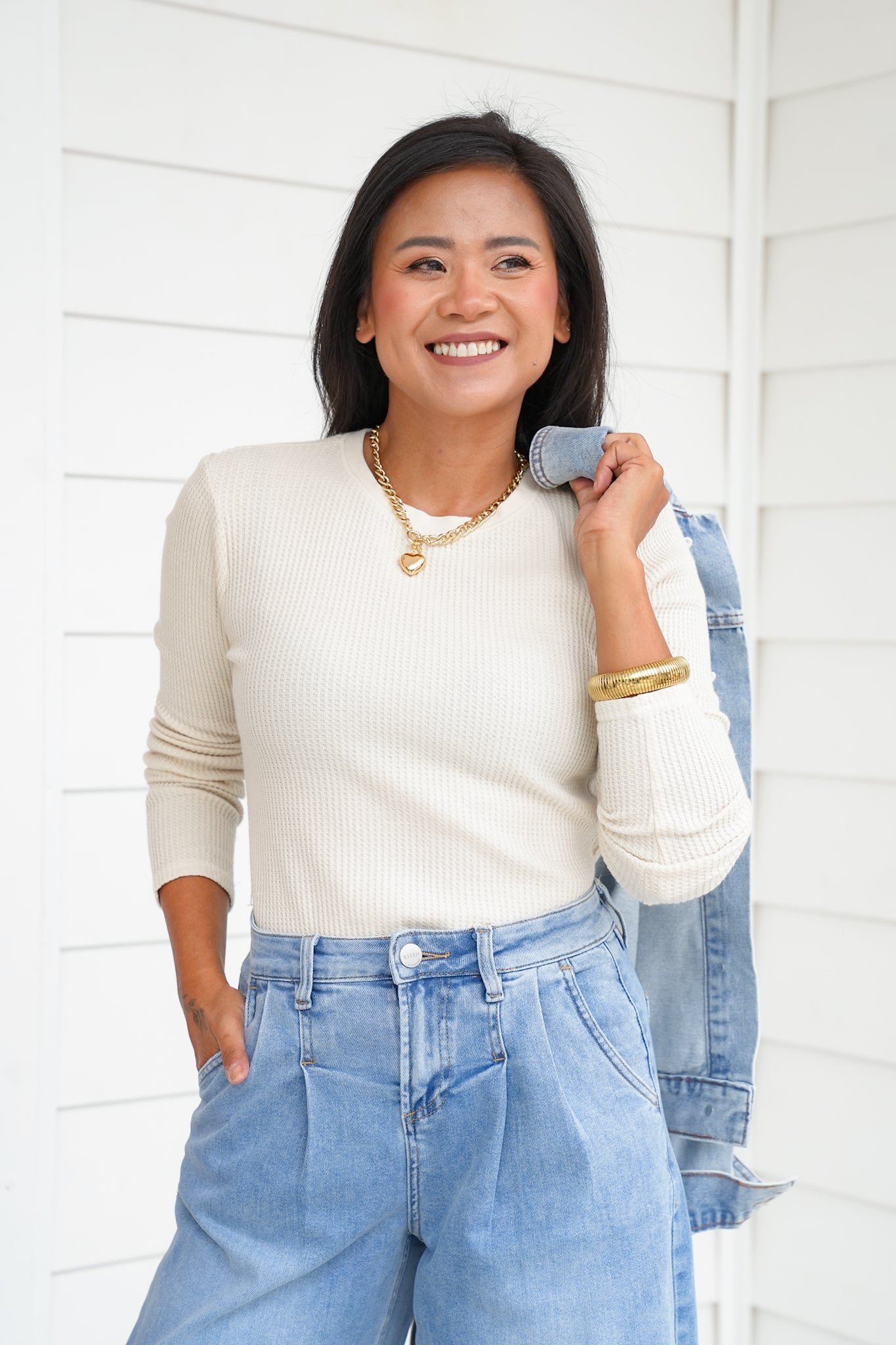 Mineral Wash Long Sleeve Waffle Knit Top