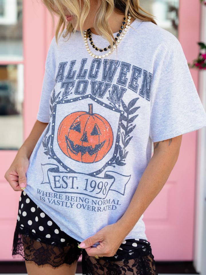 Plus/Reg Short Sleeve Halloween Town Graphic Tee with Rhinestone Accent