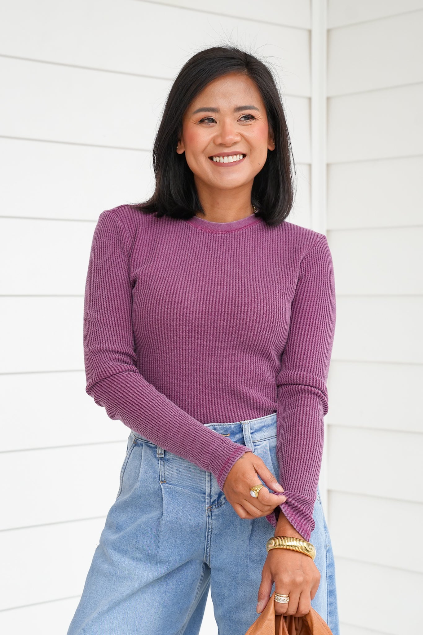 Mineral Wash Long Sleeve Waffle Knit Top