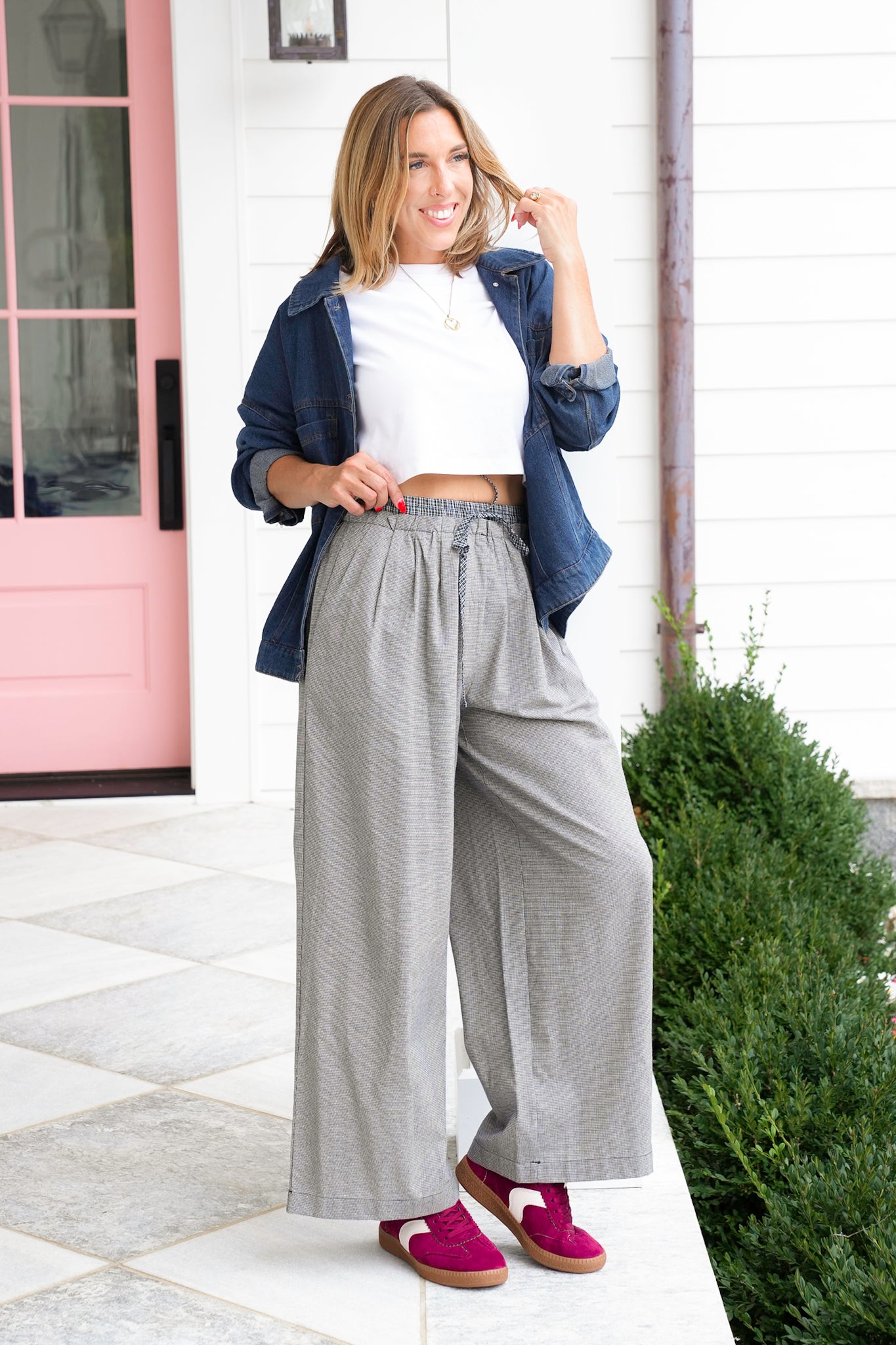 Checkered Elastic Waist Pants with Plaid Accent