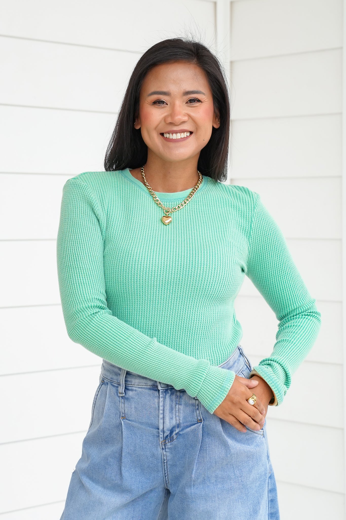 Mineral Wash Long Sleeve Waffle Knit Top