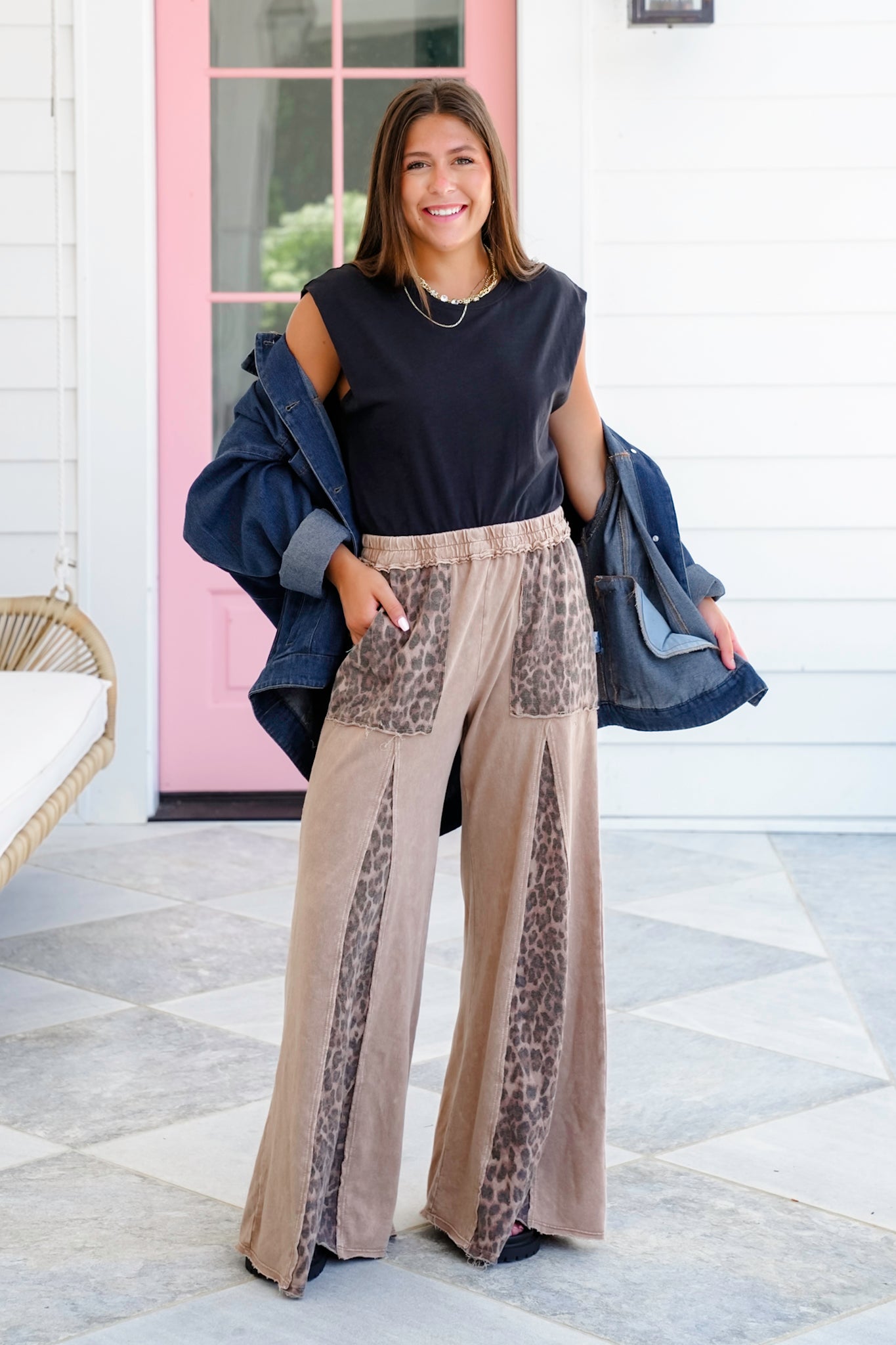 Mineral Wash Elastic Waist Wide Leg Pants with Leopard Detail