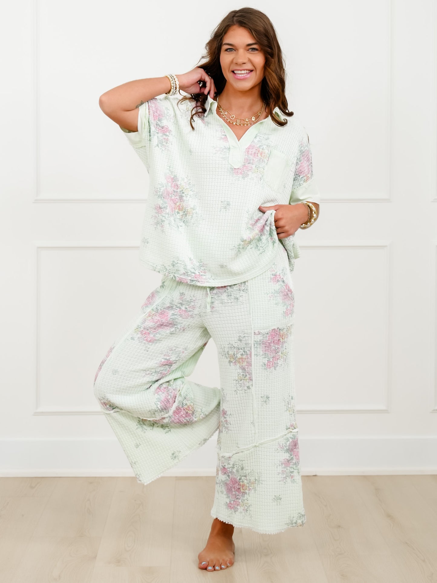Mint Floral Waffle Knit Short Sleeve V Neck Top