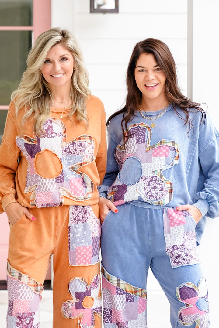 Mineral Washed Long Sleeve Sweatshirt with Patchwork