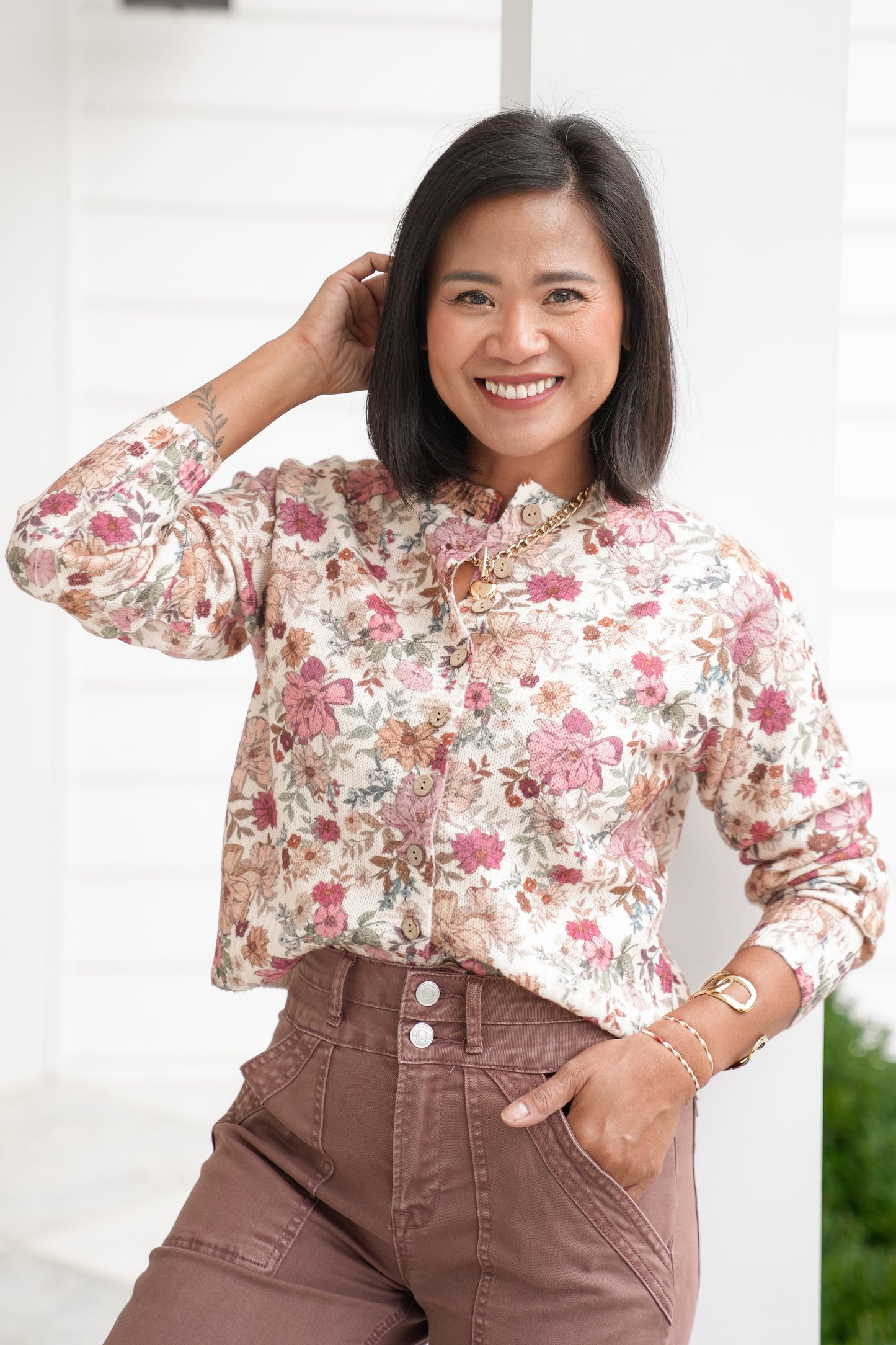 Floral Print Long Sleeve Button Down Cardigan