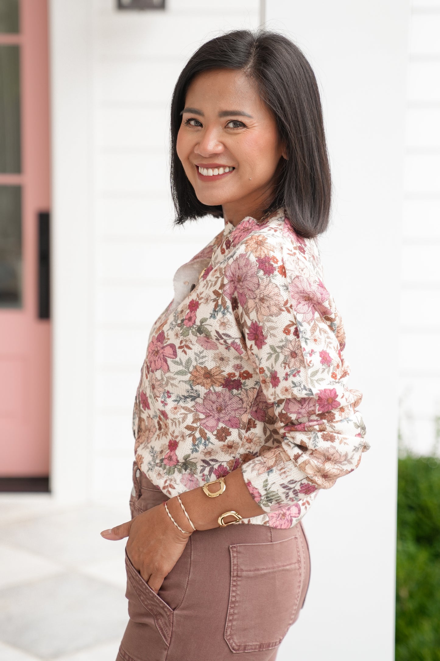 Floral Print Long Sleeve Button Down Cardigan