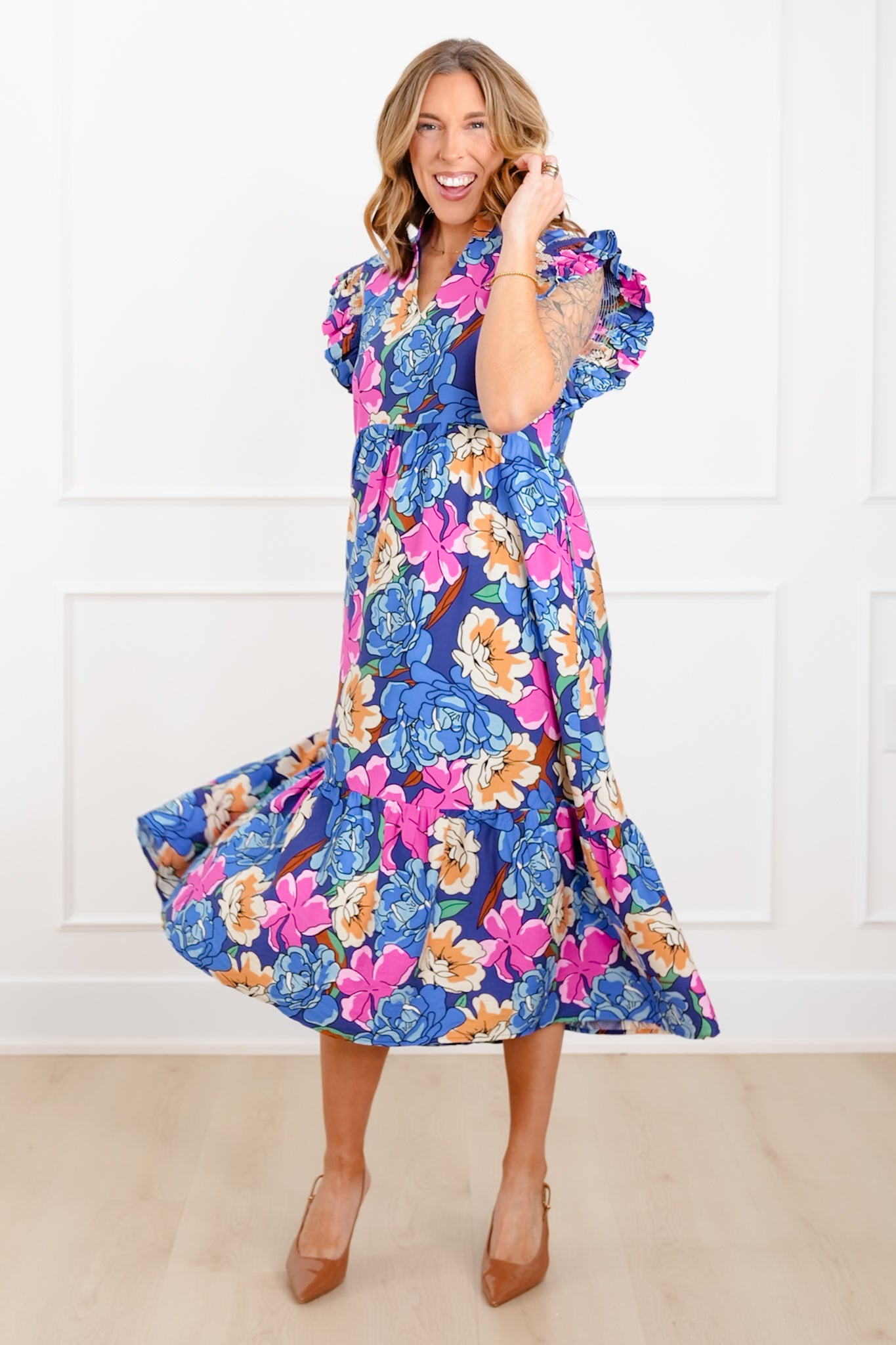 Floral Print Ruffle Sleeve V Neck Midi Dress