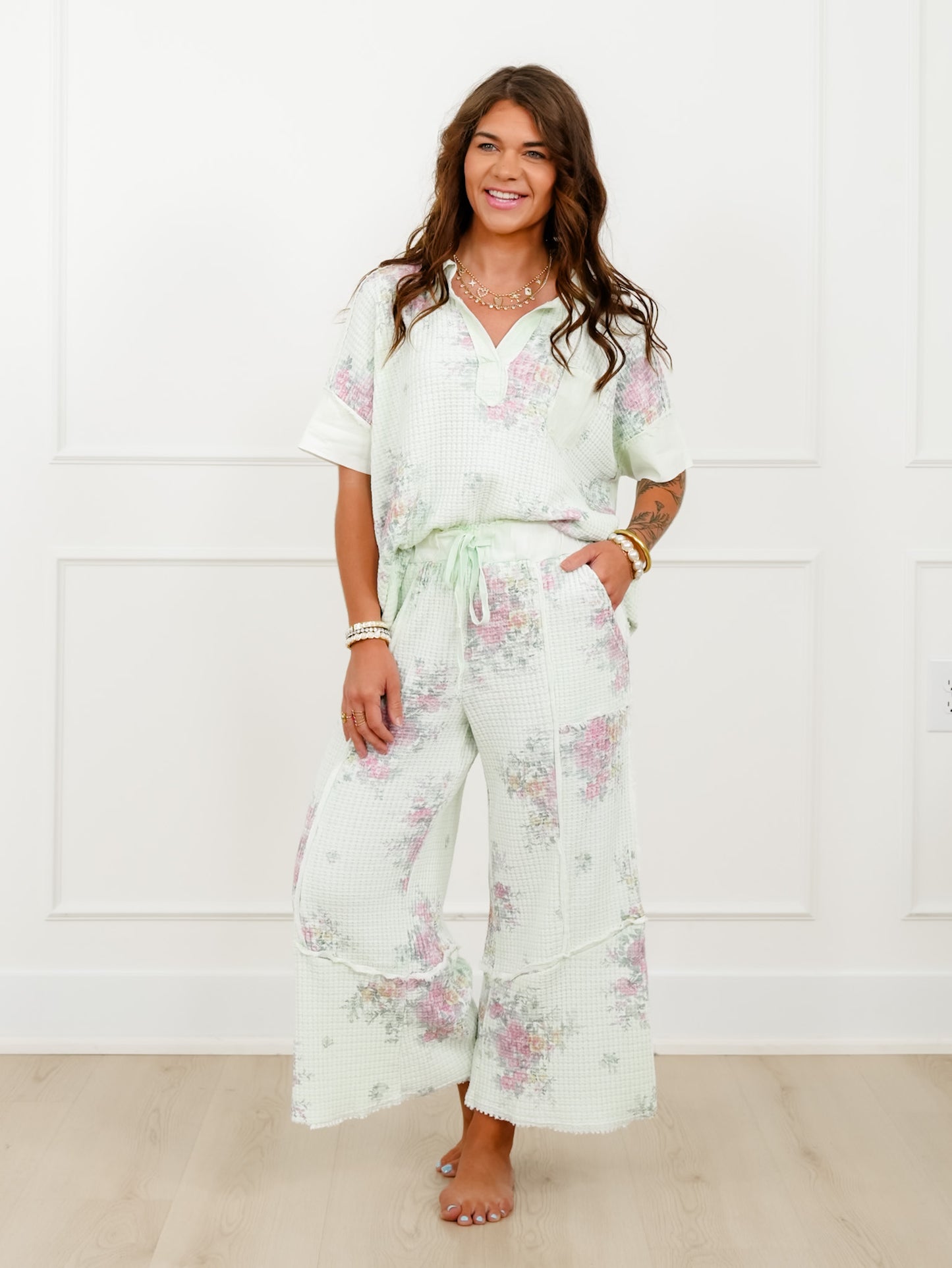 Mint Floral Waffle Knit Elastic Waist Pants