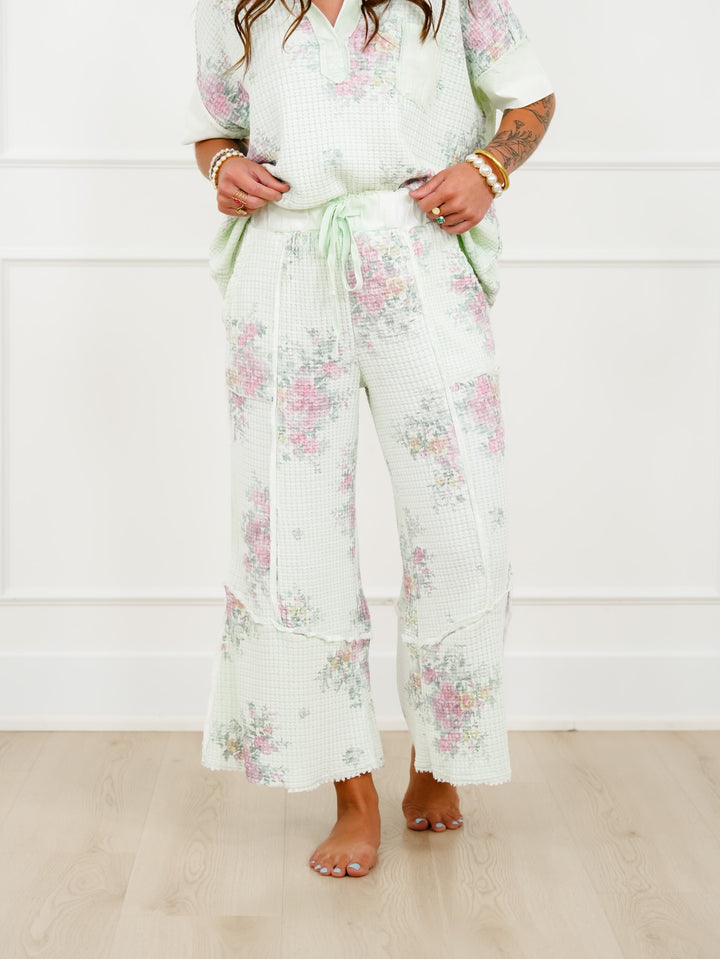 Mint Floral Waffle Knit Elastic Waist Pants