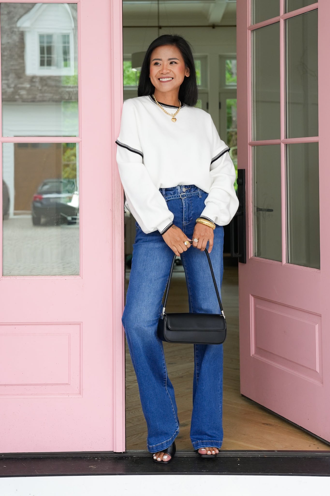 Long Balloon Sleeve Sweater with Stitch Trim Detail