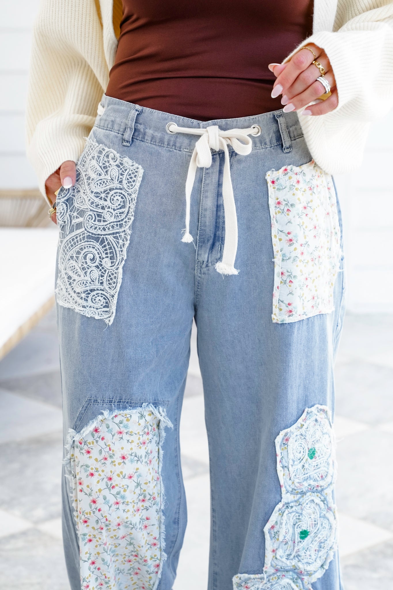 POL Relax Fit Pants with Flower Patch Detail