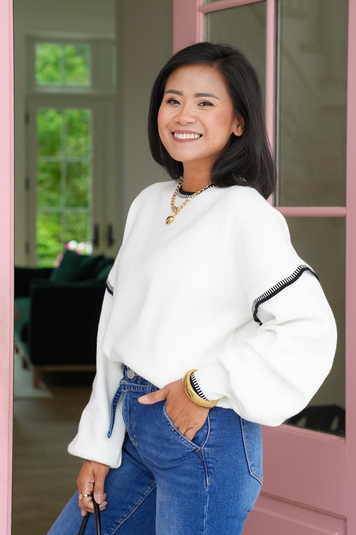 Long Balloon Sleeve Sweater with Stitch Trim Detail