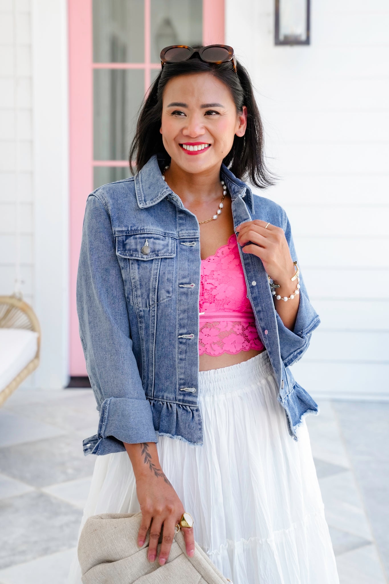 Long Sleeve Button Down Jacket with Ruffle Hem Detail