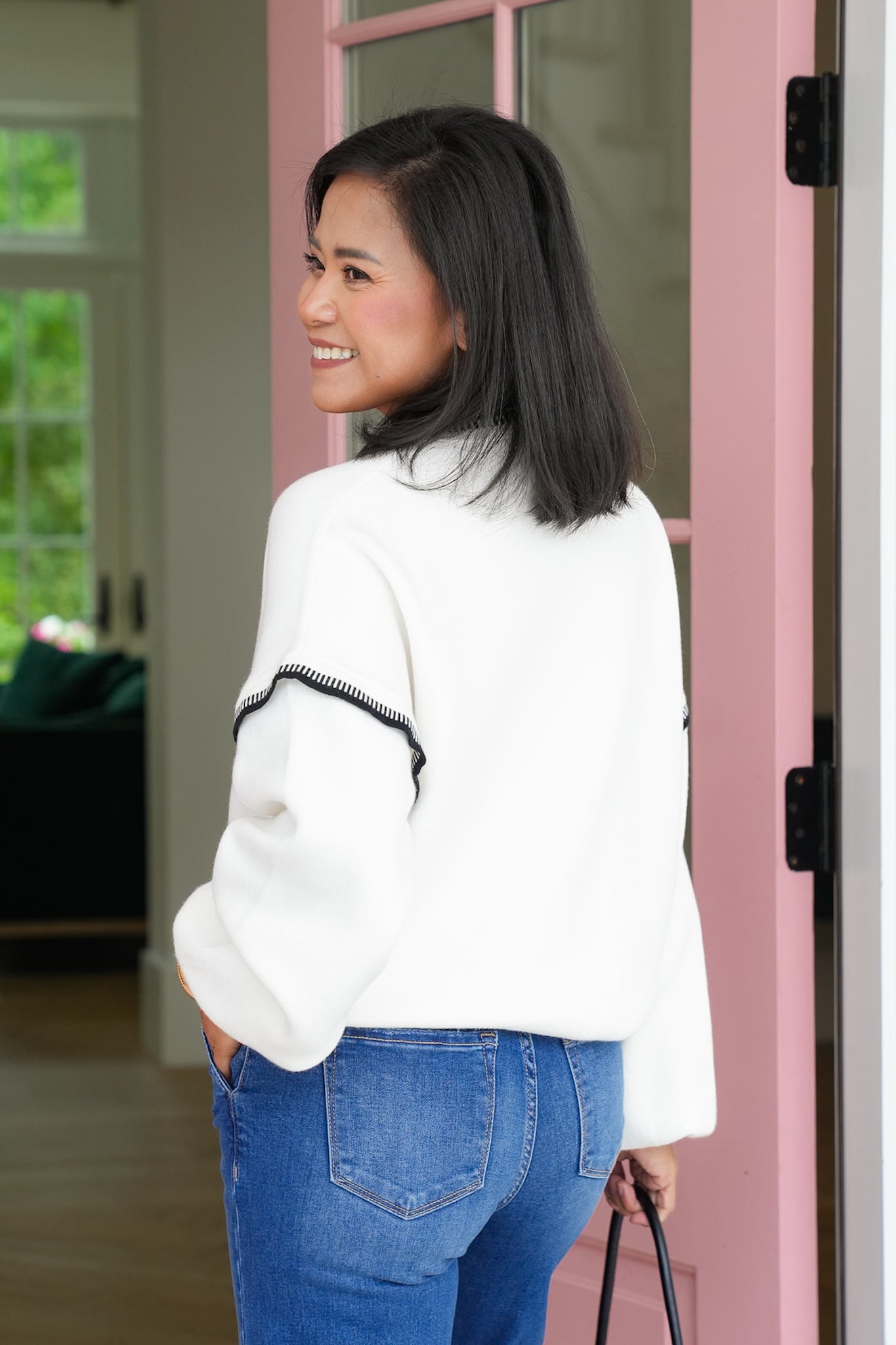 Long Balloon Sleeve Sweater with Stitch Trim Detail