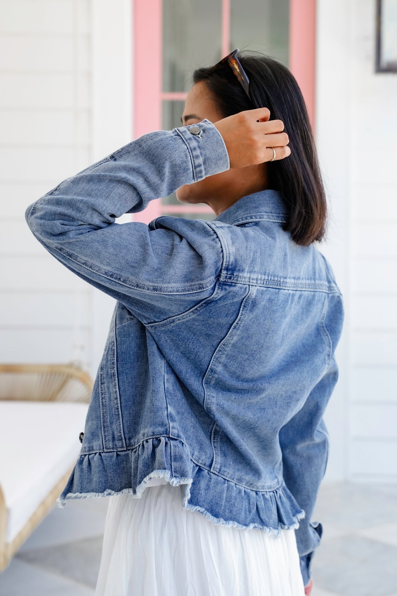 Long Sleeve Button Down Jacket with Ruffle Hem Detail