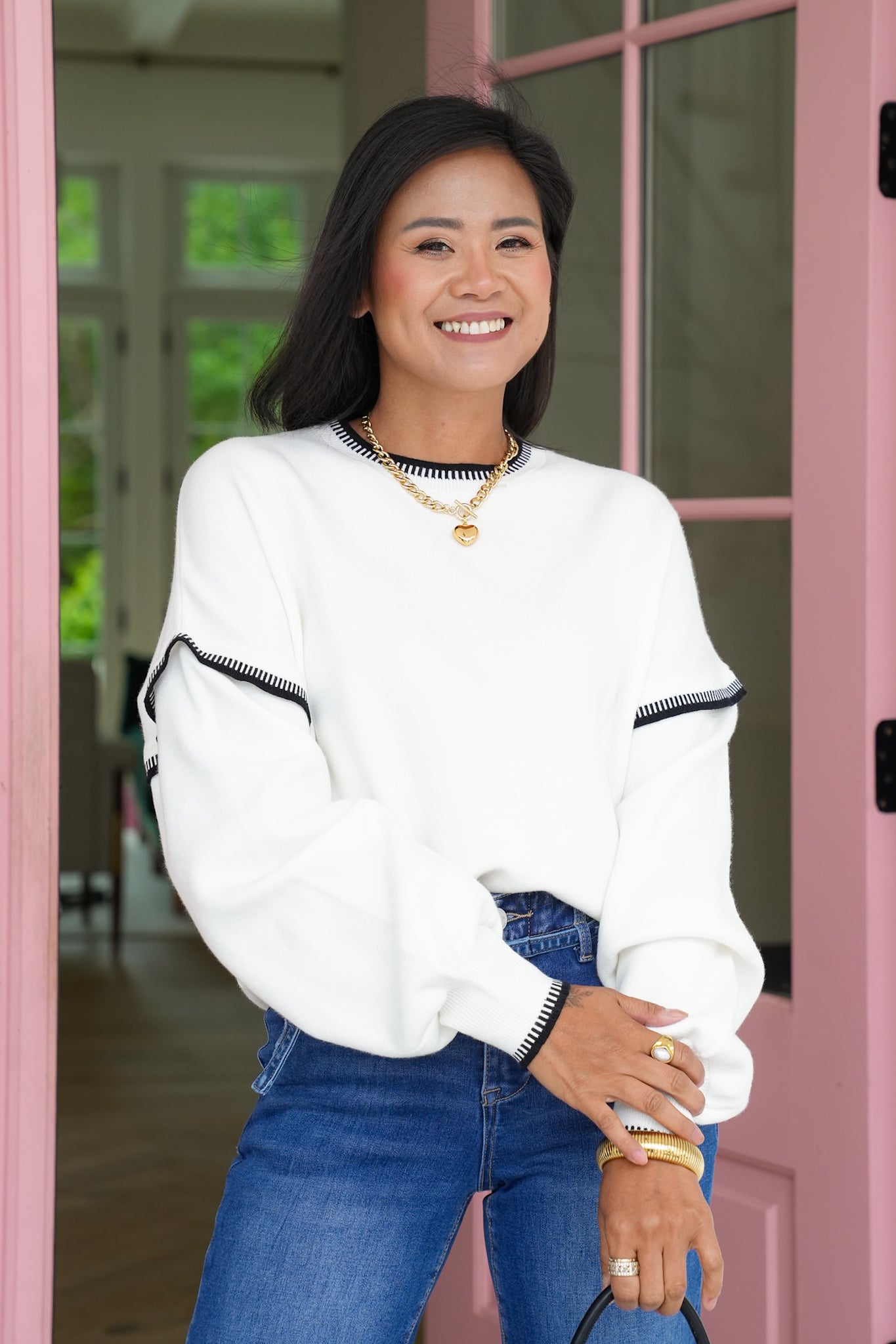 Long Balloon Sleeve Sweater with Stitch Trim Detail