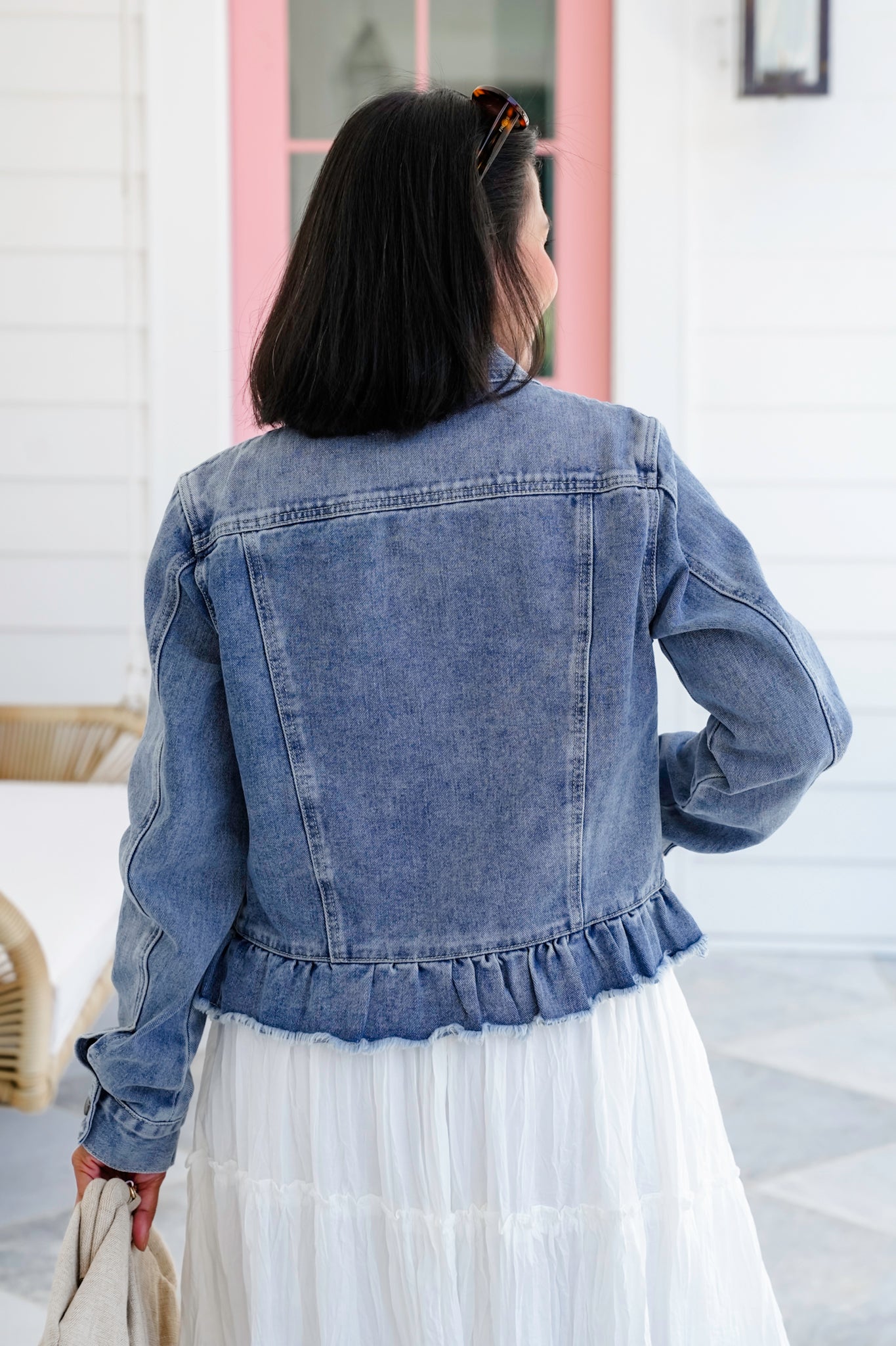 Long Sleeve Button Down Jacket with Ruffle Hem Detail