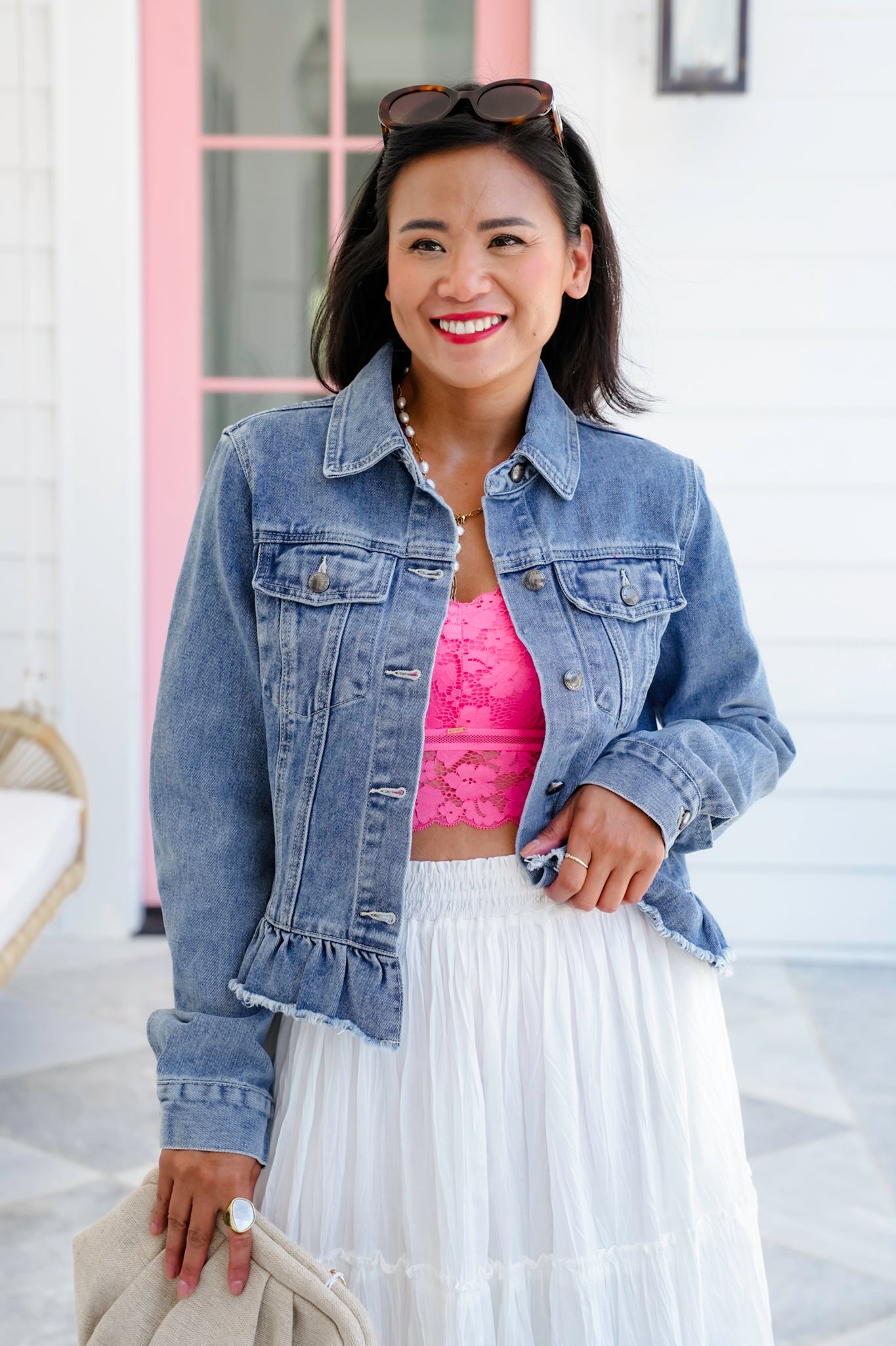 Long Sleeve Button Down Jacket with Ruffle Hem Detail