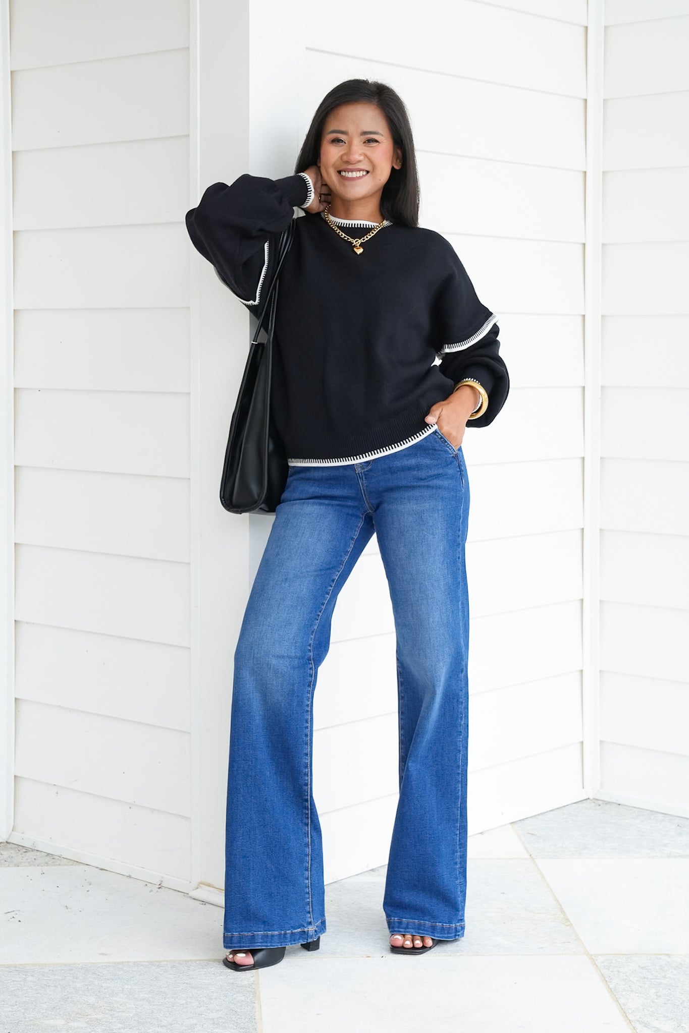 Long Balloon Sleeve Sweater with Stitch Trim Detail